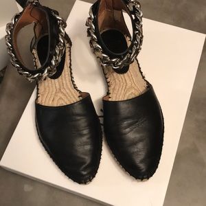 Givenchy Black Leather Espadrille Flats with Chain Ankle Strap size 37